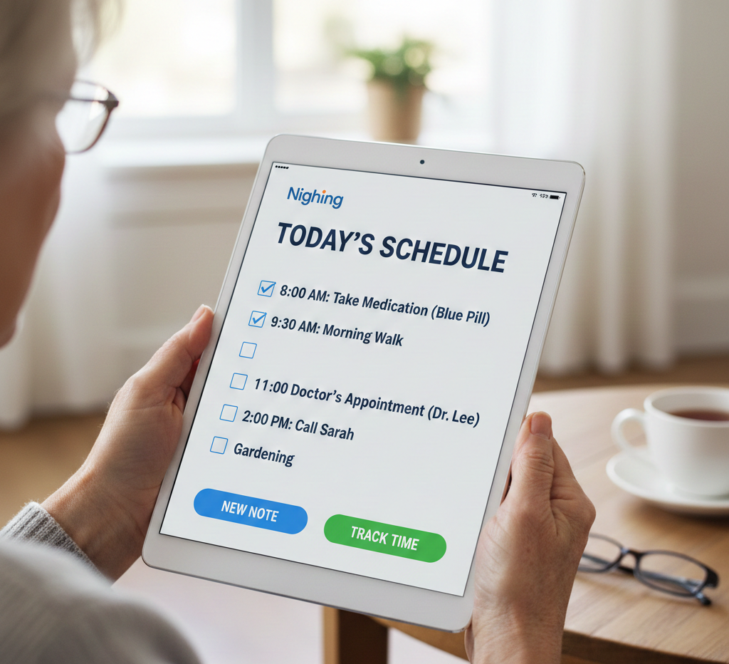 A tablet showing large, clear text on the Nighing app
